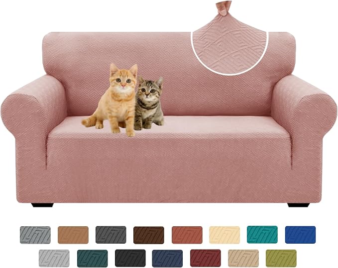 XINEAGE Stretch Jacquard Loveseat Cover, Non Slip Sofa Slipcover for Dog | High-Stretch Fabric. Wear-Resistant, Pet Friendly. Easy Install & Washable for Living Rooms, Offices.Dusty Pink by XINEAGE