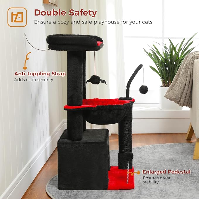 PEQULTI 4-in-1 Gothic Cat Tree for Kittens & Small Cats, 33in Black Tower | Compact 33in cat tower: deep hammock, cozy condo, top perch, sisal post; removable washable cover; wide base for small cats - Image 4