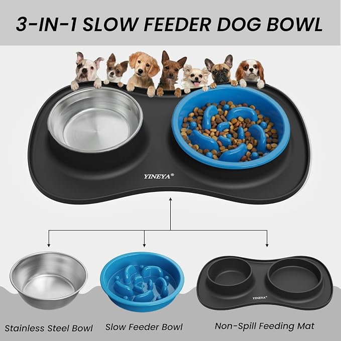 YINEYA 3 in 1 Slow Feeder Dog Bowls,Dog Water Bowl,Cat and Dog Food Bowl | Stainless Steel Dog Bowls with Non-Spill Dog Bowl Mat, Anti-Choking Puppy Bowls, Easy Clean for Large Medium Small Dogs Cats - Image 2