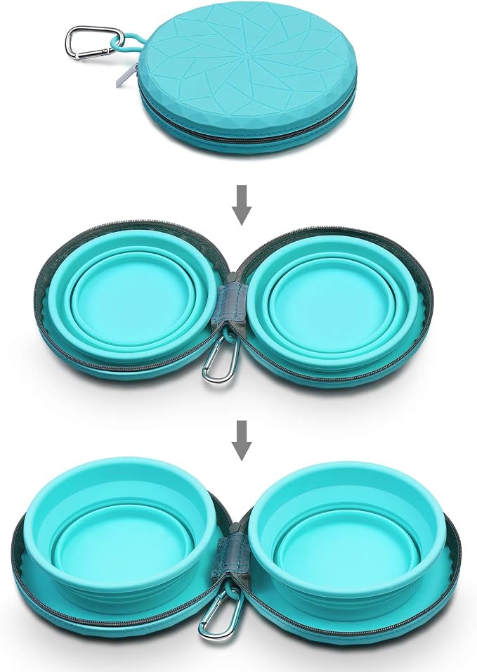 KALLAK Collapsible Silicone Twin Bowls with Zipper Silicone Case, 2 in 1 Portable Travel Dog Feeder, Pop Out Non-Skid Food and Water Bowl with Carabiner Clip - Image 3