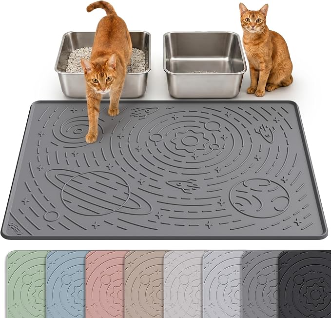 Cat Mat for Litter Box, Large 31.5x23.6 Dark Grey, High Edge Silicone Scatter Control Waterproof Trapping Mat by OHMO