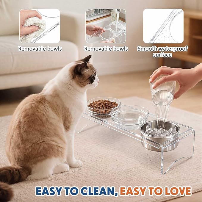 Elevated Acrylic Dogs Bowl Stand, 3.75" Tall Raised Cat & Dog Bowls with 3 Stainless & 3 Glass, Non-Slip, Easy to Clean, Raised Dog Bowls for Small Dogs, Cats, Pets, Puppy - Image 6