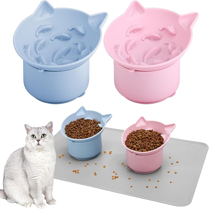 2 Pack Slow Feeder Cat Bowls Silicone Tilted Raised Pet Bowl | Non Slip Base for Digestion Anti Vomit, Pink, Blue by Guiqulai