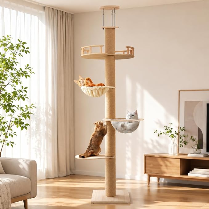 4 Level Floor to Ceiling Cat Tree,55-115in Adjustable Height Tall Cat Tower | Space-Saving Design, Heavy Duty Plywood Cat Pole with Jump Platform, Hammock & Capsule by Unknown
