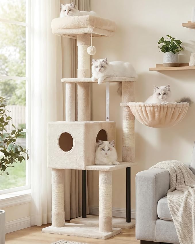 Heybly Cat Tree with Toy, 49.2 inch Cat Tower for Indoor Cats HCT200SM | Spacious Cat House Condo with Hidden Space，Soft Plush Top Perch，Cozy Hammock and Sisal Scratching Posts, Beige by HEYBLY