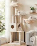 Heybly Cat Tree with Toy, 49.2 inch Cat Tower for Indoor Cats HCT200SM | Spacious Cat House Condo with Hidden Space，Soft Plush Top Perch，Cozy Hammock and Sisal Scratching Posts, Beige by HEYBLY