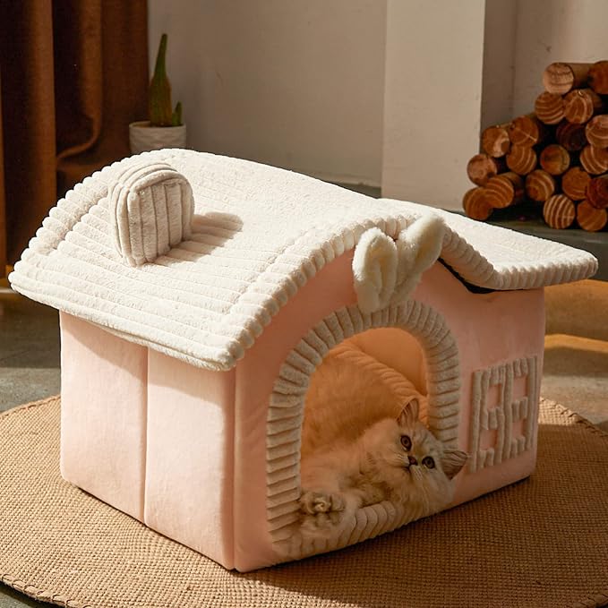 Rabbit Cat House for Indoor Cats, Cute Covered Cat Bed with Spacious Interior, Pet Cave Bed Up to 3-15 Lbs Kitten, Pink - Image 5