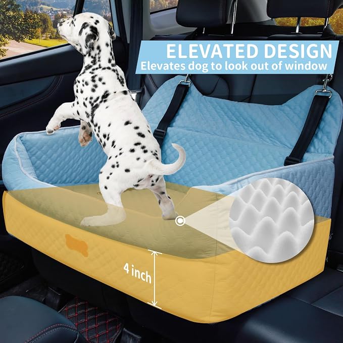Dog Car Seat for Medium & Large Dogs Up to 55 lbs or 2 Small Dogs, Blue | Memory Foam Elevated Booster Seat with Safety Belts, 4-Inch Thick Cushion, Storage Pockets and Removable Washable Cover - Image 3