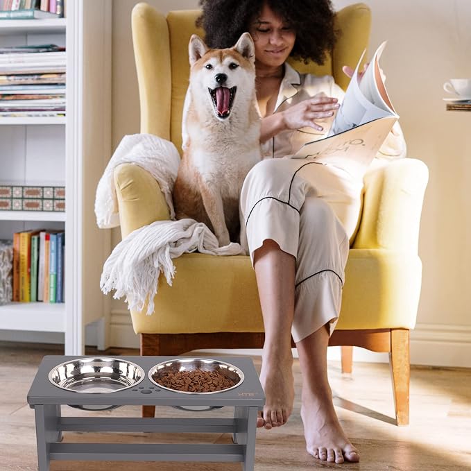 HTB Elevated Dog Bowl Stand with 2 Stainless Steel Bowls-7" H Medium Grey | Raised Dog Bowl Stand, 7"tall, 29 Oz Bowls, for Medium Sized Dogs, Pet-safe, Solid Bamboo - Image 7