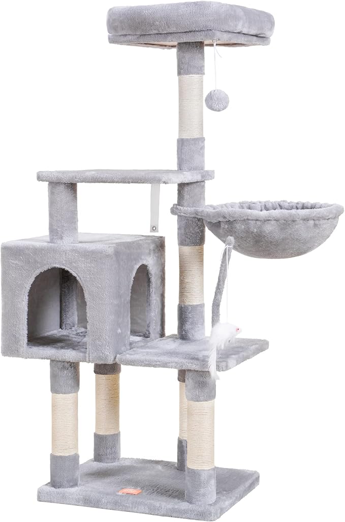 Heybly Cat Tree with Toy, 43.3 inch Cat Tower for Indoor Cats HCT004W | Cat Condo with Durable Sisal Scratching Posts, Cat House with Padded Plush Perch, Cozy Hammock, Light Gray - Image 6