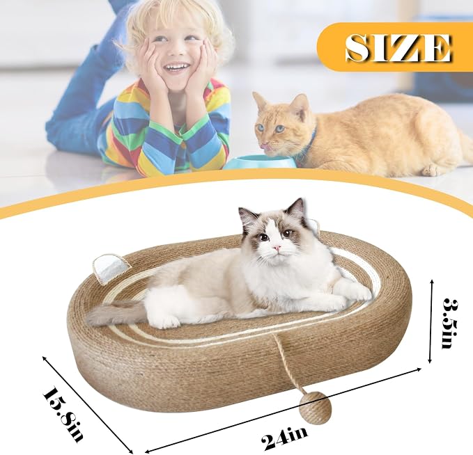 Cat Scratcher Bed 3 in 1 Sisal Cat Scratching Board for Indoor Oval Cat Scratch Pad Durable Scratching Lounge Bed Round Bowl with Toy Balls for Cats Kitten Puppy (24"x15.7"x3.5") - Image 2