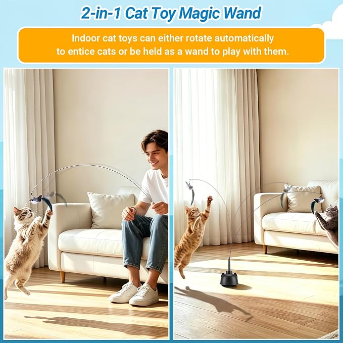 Interactive Cat Toys for Indoor Cats Toy Wand 360° Flying Bird Cat Toy | 2 Speed Adjustable Flying Bird Cat Toy Automatic Cats Toys with Self ON/OFF Feather Toy Suction Cup Electric Cat Teaser Wand - Image 2