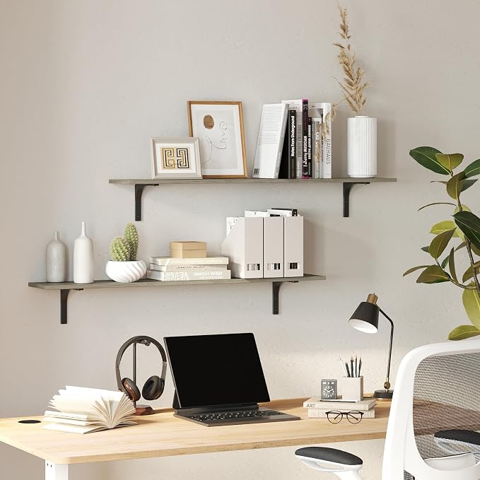 Long Wall Shelves, 55.1Inch Wooden Wall Mounted Shelves, Set of 2 | Large Floating Book Shelf with Metal Bracket, Easy Assembly, Max Load 33lbs, Wall Storage Ledges, Bedroom/Bathroom, Gray Wash - Image 8