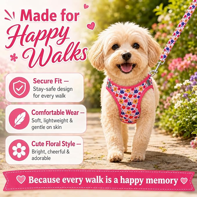 Step in Dog Harness Leash Set- All Weather Reflective No-Pull Floral Pattern Padded Mesh Vest Harness for Cats Puppy Extra-Small Small Medium Large Dogs - Romantic Sakura - S - Image 4
