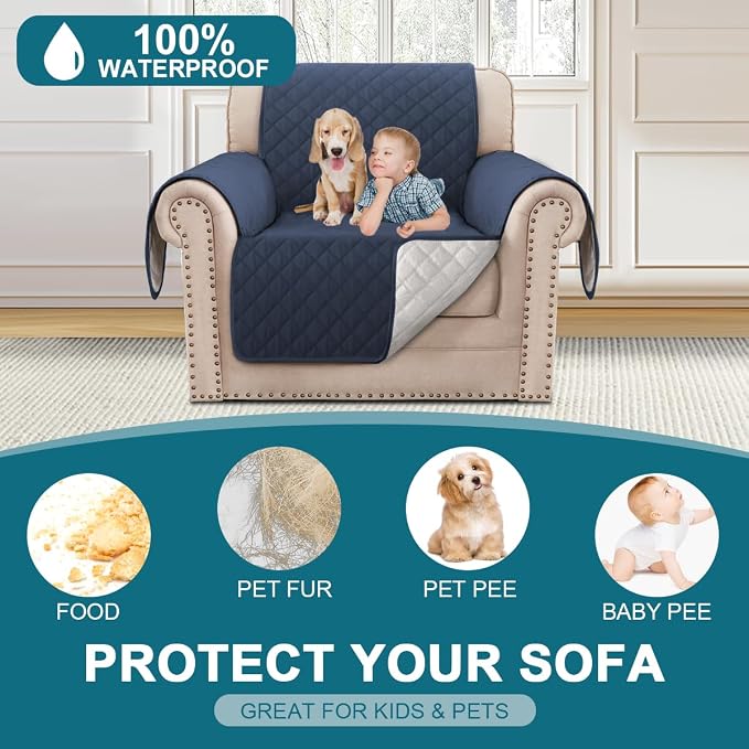Turquoize 100% Waterproof Sofa Covers Chair Cover Slipcover Couch Protector Triple Non-Slip Sofa Slipcover for 1 Cushion Furniture Protector for Pets, Kids,Dog (Chair 23", Navy) - Image 2