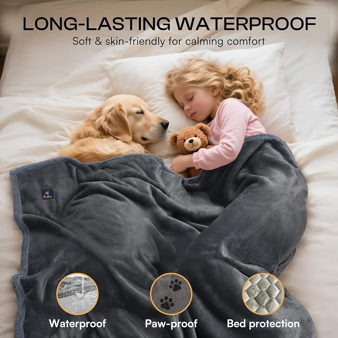 Luciphia Waterproof Bed Blanket Washable, Soft Sherpa Fleece Puppy Reversible Throw Blankets for Medium Large Dog Cat, Furniture Cover Protector Couch Bed from Liquid Pee and Pet Fur, Grey,65" x 57" - Image 2