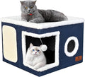Cat Beds for Indoor Cats, Large Cat Cave Bed with Scratch Pad and Fluffy Ball, Foldable Cat Hideaway, Cat House with Reversible Cushion for Multi Small Pet Up to 30LBS, Blue by Unknown