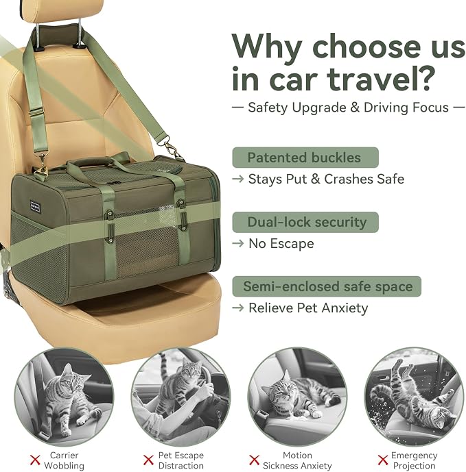 Petsfit 19x12x12 Pet Carrier for Large Cats (up to 20 lbs), Soft-Sided Small Dog Travel Carrier, Upgraded with Patented Buckle and Soft Padding, Ideal for Car Road Trips Green - Image 2