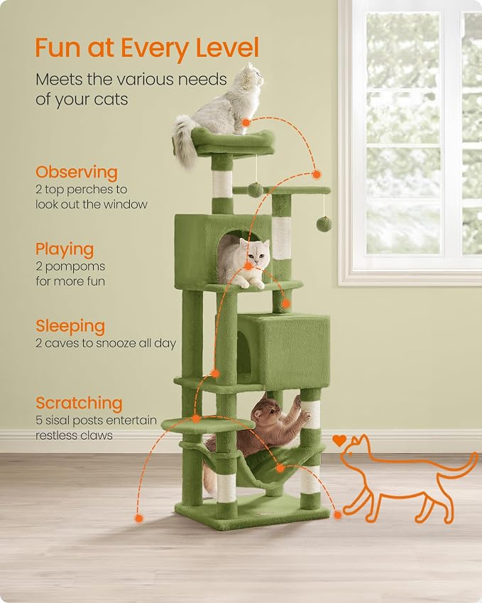 Feandrea Cat Tree, 59.5-Inch Tall Cat Tower, Plush Multi-Level Condo with 5 Scratching Posts, 2 Perches, 2 Caves, Hammock, 2 Pompoms, Grass Green UPCT192C02 - Image 4
