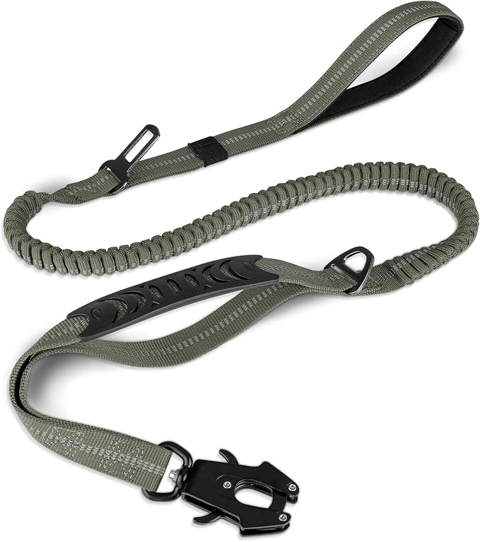 Joytale Tactical Bungee Dog Leash, Shock Absorbing No Pull, Army Green | for Large Dogs That Pull, 2 Padded Handles for Control, Car Seatbelt Clip, Reflective for Night Safety, Metal Frog Clip by Joytale
