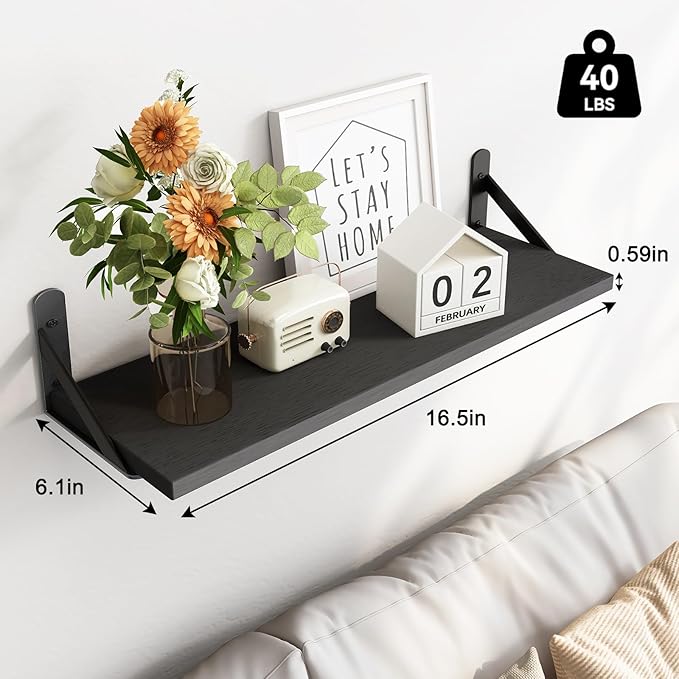 Fixwal Wall Floating Shelves for Home Decor (Black, Set of 4, 16.5 Inch) | Wood Shelves, Natural Grain, 40Lb Capacity, Sturdy Triangle Brackets, Versatile for Any Room - Image 3