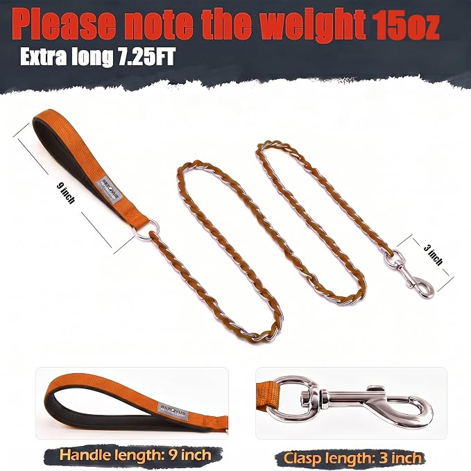 S-ETOVUS-Chain Dog Leash, Bite-Proof Metal Leash, with Padded Handle | Three Sizes 7.25FT/5.2FT/4FT, Woven From Nylon Rope And Chain, Durable And Bite-Resistant, Comfortable With Padded Handles. - Image 2