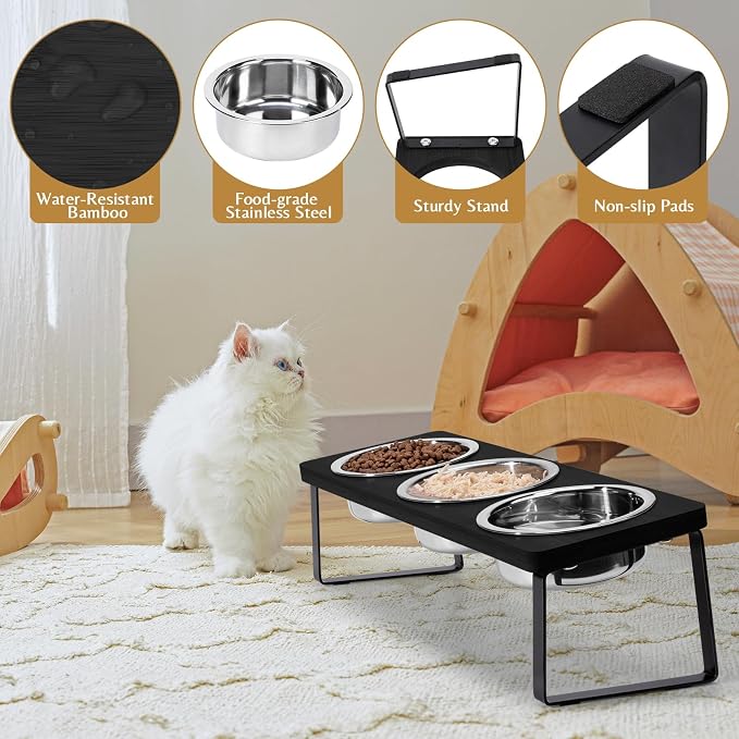 Elevated Black Cat Food Bowl for Indoor Cats, 3 Raised Water Bowl for Pet | Whisker Friendly, Anti Vomit, Feeding Station for Puppy, Stainless Steel, Pet Dish, Easy Assembly, Bamboo, Dishwasher Safe - Image 4