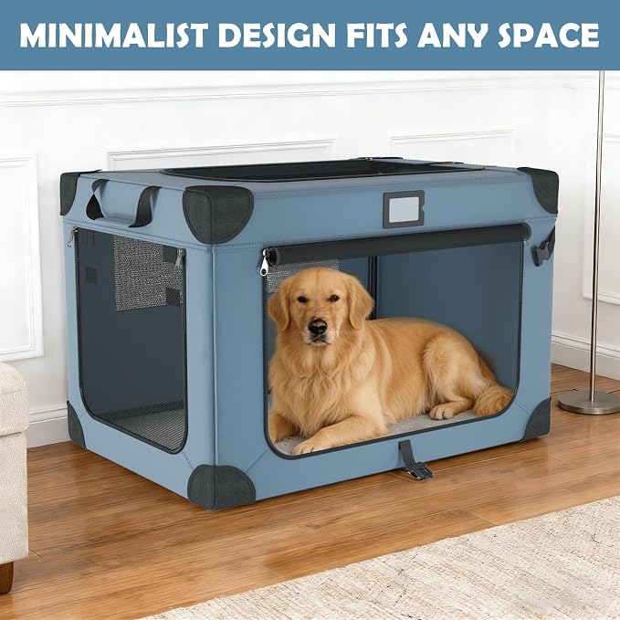 42 Inch Foldable Dog Travel Crate Blue with Sturdy Metal Frame | Chew-Proof Mesh Window,Soft Blanket and Foldable Bowl,Waterproof and Easy to Clean,Portable for Camping,Signature card - Image 8