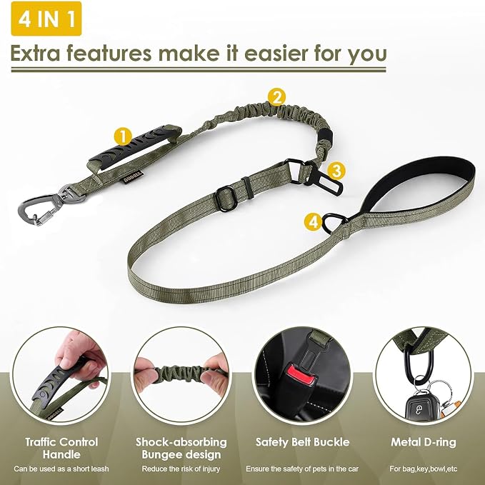 AUBELL Tactical Dog Leash Heavy Duty,4-6ft No Pull Bungee Leash,Green | Reflective Dog Leash for Medium Large Dogs with Comfortable Padded Double Handle,Car Seat Belt,360 Degree Rotating Carabiner - Image 4