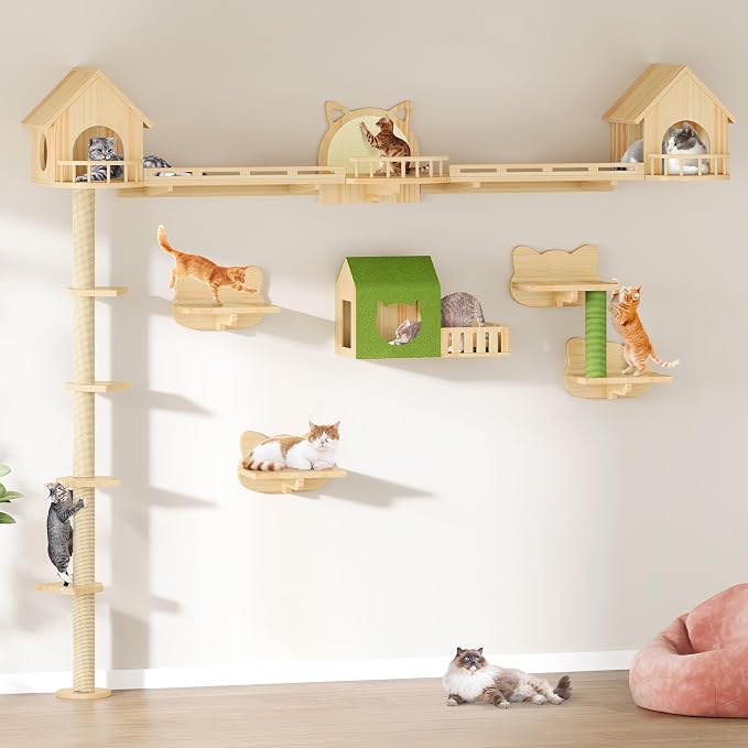 DWVO Solid Wood Cat Wall Shelves and Perches | Wall Mounted Cats Furniture Climbing Shelves for Large Cats with Scratching Posts, Steps, Runway, Scratching Board - Image 4