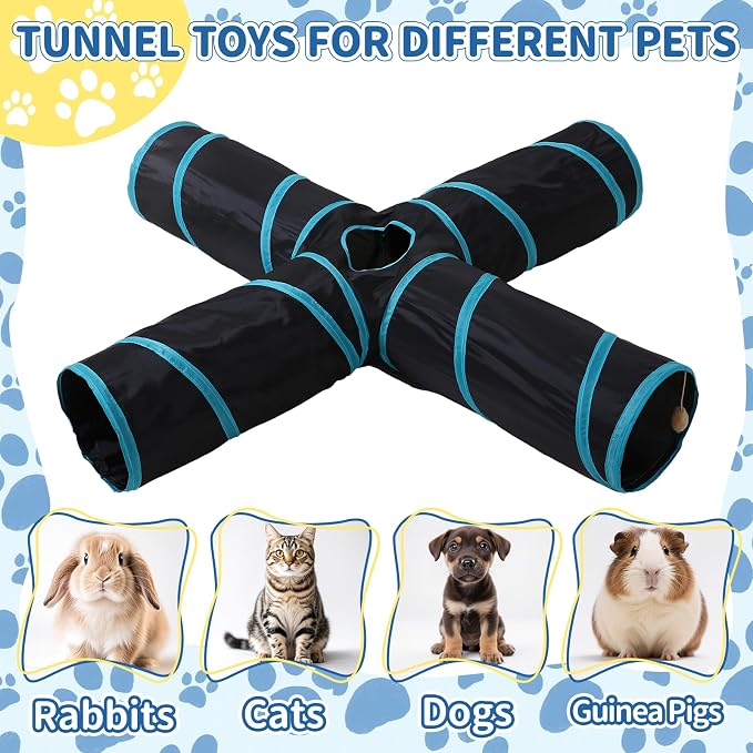 Pet Cat Tunnel, 4-Way Junction Tunnels for Indoor Cats, Collapsible Pet Tunnel for Kitten, Puppy, Rabbit, 25cm-Wide Tunnels, Durable & Breathable, with Peek Hole Toy Ball - Image 2