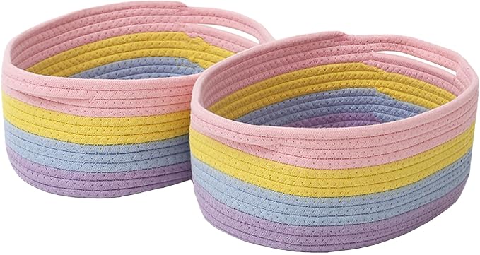 JMvicyroam Small Woven Basket, Empty Gift Basket, Rainbow/2 Pack | Small Gift Basket, Cotton Rope, 12 x 8 x 52 in, Handles, Includes Ribbon and Bag, Birthday Gift Basket by JMvicyroam