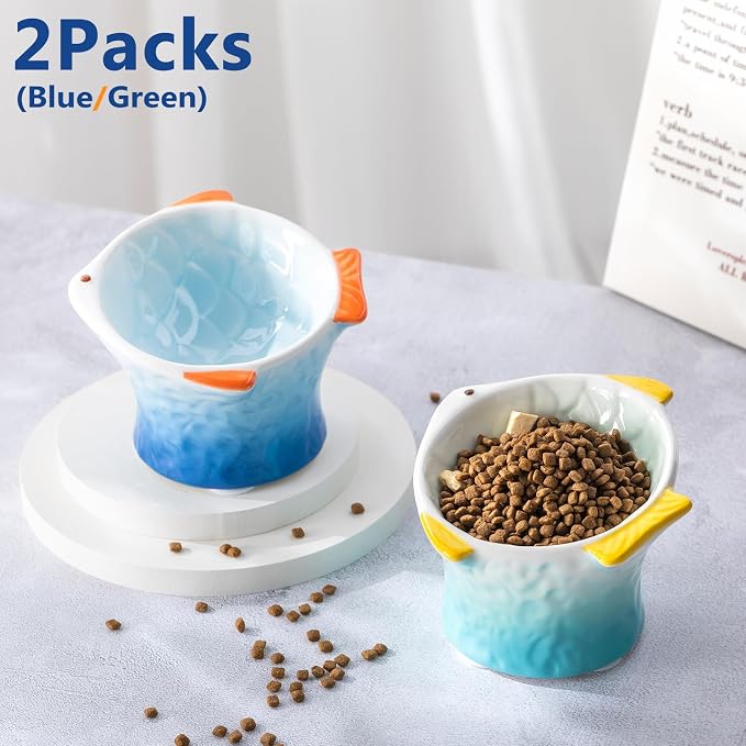 Tioncy 2 Pcs Raised Tilted Ceramic Cat Food Bowl Fish Shape Cute Elevated Slanted Shallow Angled Cat Dish Non Slip Feeder Bowl for Anti-Vomiting and Whisker Fatigue(Blue, Green) - Image 6