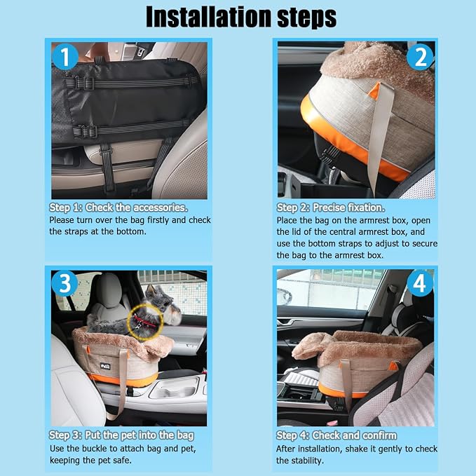 Pet Car Center Console Elevated Armrest Car Seat for Small Puppy, Dogs & Cats (Up to 10 lbs) – Dark Gray Washable Plush Carrier with Safety Leash, Fits Front Vehicle Console Space (Khaki) - Image 5