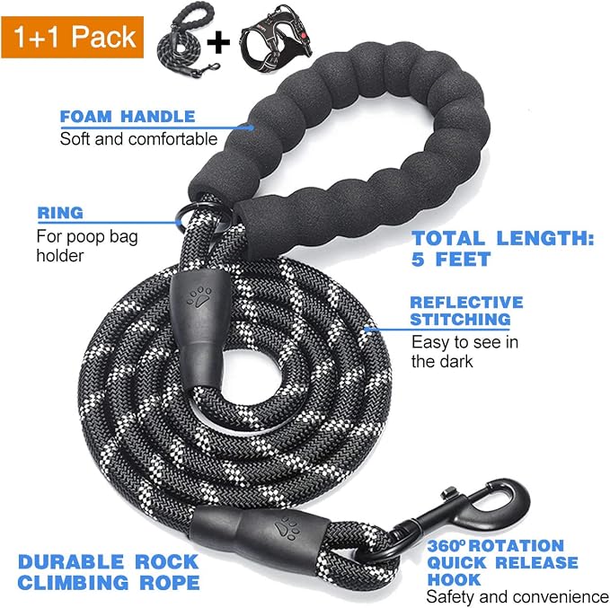tobeDRI No Pull Dog Harness Adjustable Reflective Oxford Easy Control Medium Large Dog Harness with A Free Heavy Duty 5ft Dog Leash, Black, L - Image 2