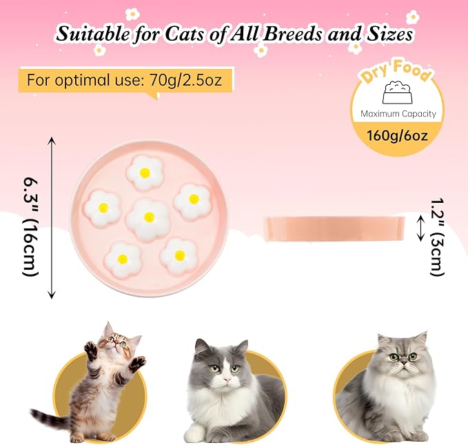 Ceramic Slow Feeder Cat Bowl, 6.3" Whisker Friendly Anti-Vomit, White | Shallow Cat Puzzle Feeder, Slow Eating 3x, Dry & Wet Food, Cute Flower-Shaped Maze, Microwave & Dishwasher Safe, 6.3" X 1.2" - Image 2