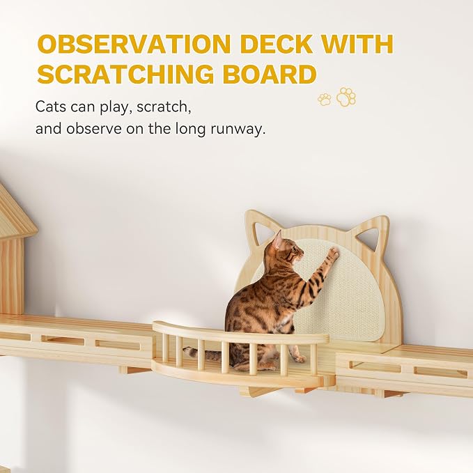 DWVO Solid Wood Cat Wall Shelves and Perches | Wall Mounted Cats Furniture Climbing Shelves for Large Cats with Scratching Posts, Steps, Runway, Scratching Board - Image 7