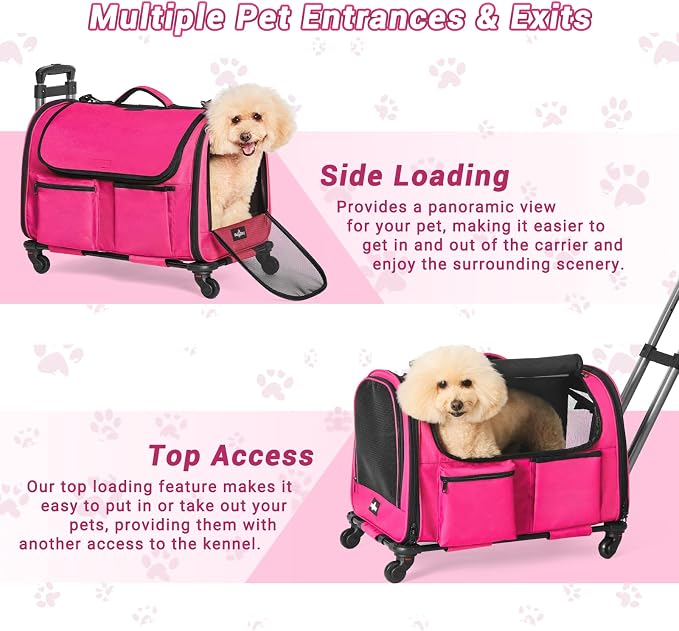 Large Pet Carrier with Wheels, Foldable Rolling Dog Carrier with Big Pocket, Cat Rolling Bag 21"x13"x13" for 2 Cats &Dogs, for Travel, Outdoor, Vet Visits, Camping, Indoor.Pink. (Not for Airline) - Image 6