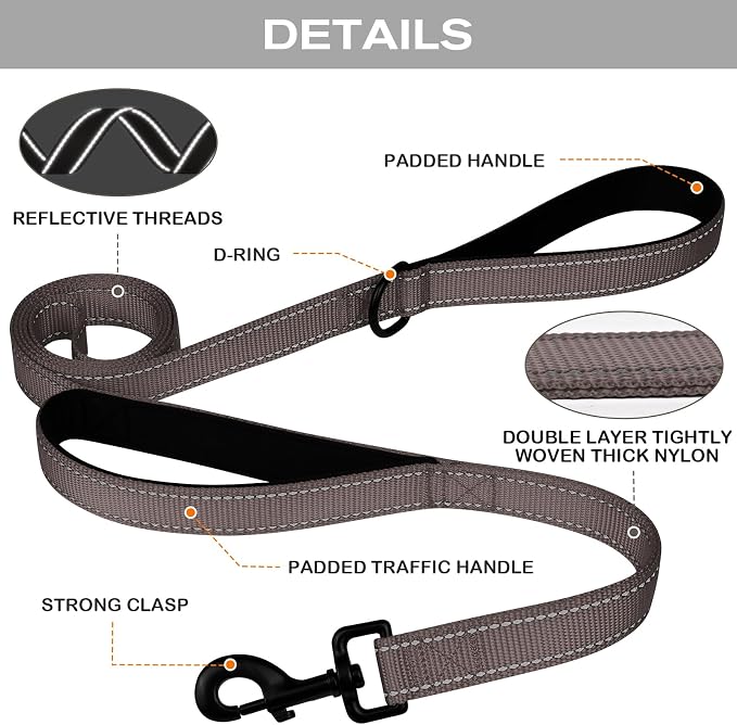 Joytale Dog Leash for Large Dogs that Pull, Double Handle, 6FT, Brown | Traffic Handle for Control, Padded Handle Reduces Hand Strain, Reflective Stitching for Night Safety, Strong Nylon Webbing - Image 3