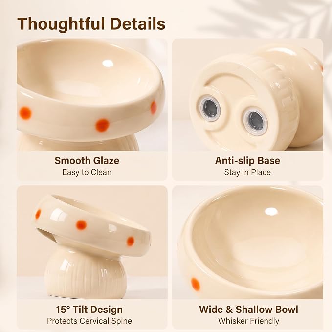Ceramic ElevatedMushroom Feeding Cat Bowl Whisker Friendly | 15° Tilted,Wide & Shallow, Premium Ceramic - Image 4