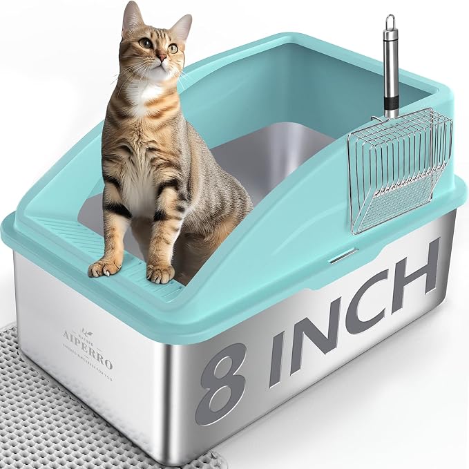 AIPERRO Stainless Steel Cat Litter Box | XXL Deepened 8" Design | Metal High Sided Box with Lid for Big Cats | Anti-Urine Leakage | Non-Stick & Easy to Clean with Litter Mat & Metal Scoop by AIPERRO
