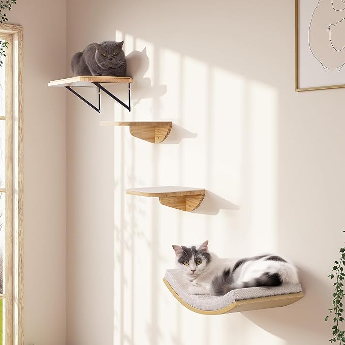 Cat Wall Shelves, Cat Window Perches with Curved Bed & 2 Sisal Mat Steps | Cat Window Perches with Beige Curved Bed & 2 Floating Steps for All Breeds, 3-in-1 Cat Wall Set for Climbing & Lounging - Image 8