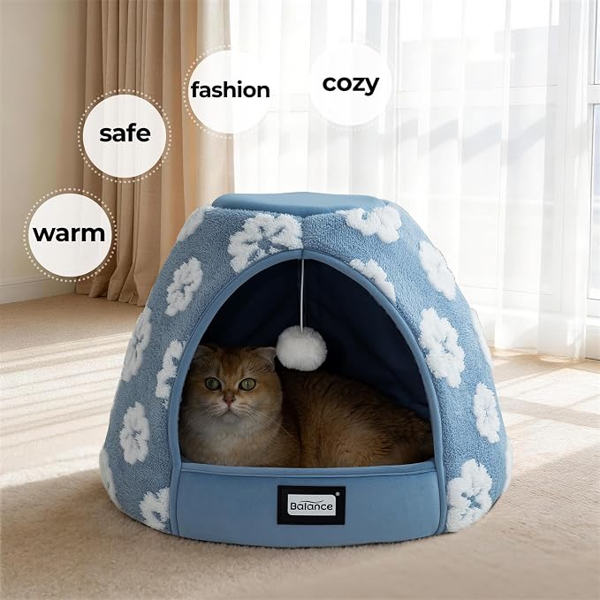 BALANCE Cat Beds for Indoor Cats, 2-in-1 Cat Bed Cave with Anti-Slip Bottom and Ultra-Soft Plush, Cozy Cats House Tent for Kittens and Small Dogs, 21 Inches, Blue - Image 8