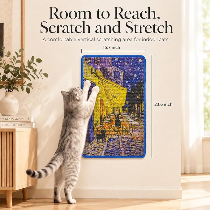Art Sisal Cat Scratcher Mat, Cat Wall Scratchers for Indoor Cats | Wall Mounted Cat Scratcher, Natural Sisal, No-Drill Hook & Loop Setup, Floor or Wall Use, 23.6 x 15.7 Inch, Café Terrace - Image 2