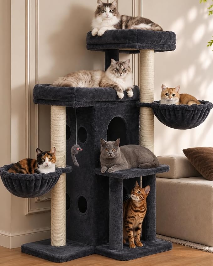 Heybly Cat Tree with Reinforced Big Base, 41.3 in Sturdy Cat Tower HCT075G | Indoor Cat Furniture Featuring 2 Roomy Platforms, Double Condos, 2 Cozy Baskets, Full Sisal Scratching Posts, Smoky Gray by HEYBLY
