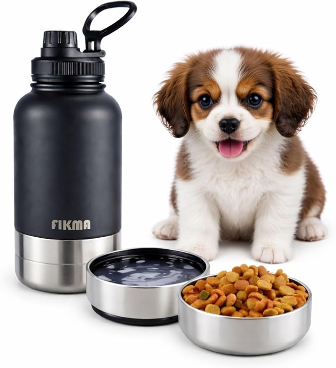 Dog Water Bottle with 2 Bowls, 32oz Insulated Stainless Steel Leak Proof | Travel Bottle for Pets, Portable Design for Hiking, Camping & Travel (Black) by Unknown