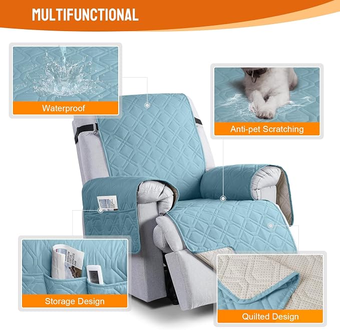 VANSOFY 100% Waterproof Recliner Chair Covers Washable, Azuree, 22" | Non-Slip, Slipcover with Pocket, Furniture Protector, Elastic Straps, Chair Cover for Pets, Dogs - Image 7