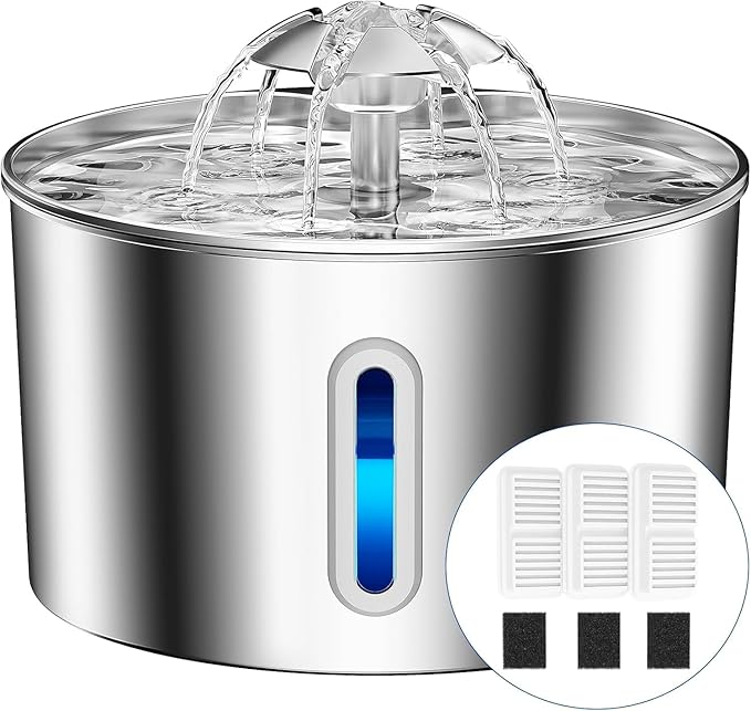 Cat Water Fountain Stainless Steel - 74oz/2.2L Automatic Large Pet Watering Bowl Dispenser for Indoor Dogs - Drinking Fountains with 3 Filter, Gifts for Cats and Kitty - Dog Waterer Bowls No Spill by CatWaterFountain