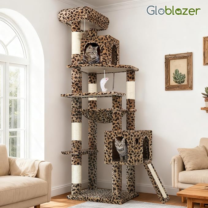 Globlazer Heavy Duty Leopard Cat Tree, 70in Sturdy Cat Tree for Indoor Cats Sturdy Large Cat Tower with Scratching Post & Board, Hammock, 2 Cat Condo for Adult Cats Kittens, F70 Pro, Leopard Print - Image 7