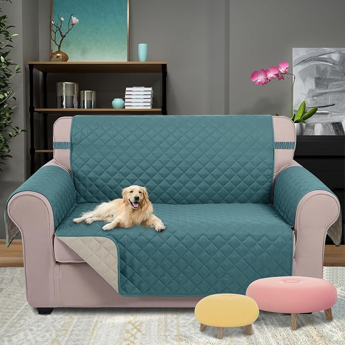 U-NICE HOME Loveseat Sofa Cover for 2 Cushion Couch, Blue/Beige | 45''Loveseat Cover Washable, Pet Friendly, Elastic Straps, Water Repellent, Furniture Protector for 2 Cushion - Image 2